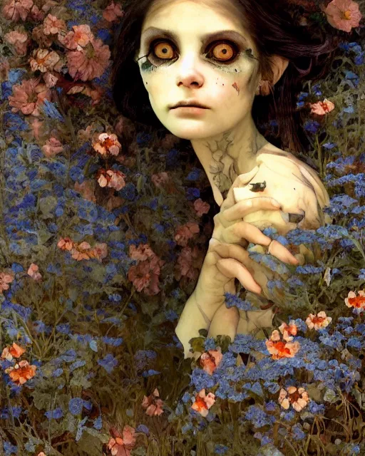 Prompt: a gorgeous but sinister and creepy goblin in layers of fear, with haunted eyes, violence in her eyes, 1 9 7 0 s, seventies, delicate embellishments, a little blood, woodland, blue dawn light shining on wildflowers, painterly, offset printing technique, by alexandre cabanel