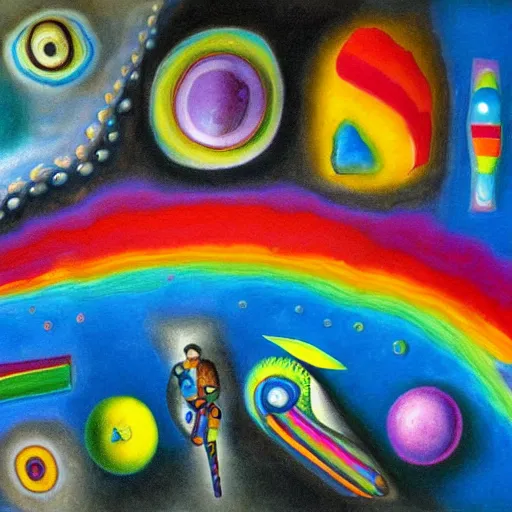 Prompt: an extremely high quality hd surrealism painting of the 3 d soul of polymer clay rainbow skinner blends by dali and kandinsky on a starry black canvas, 8 k, ultra realistic