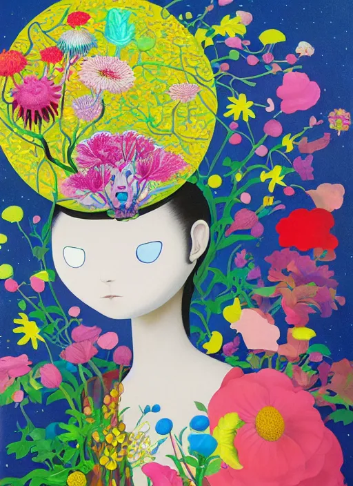 Image similar to a painting of a man with a strange hat on his head, a surrealist painting by Chiho Aoshima, behance contest winner, metaphysical painting, made of flowers, oil on canvas, detailed painting,