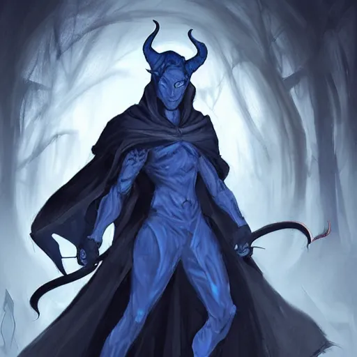 Image similar to D&D character concept art of a cloaked tiefling, tiefling rogue, blue skin color with short horns and a devil tail, fighting pose of a Rogue holding daggers, black cloak hidden in shadows, full body pose, soft colors, fantasy, intricate, elegant, highly detailed, digital painting, artstation, concept art, smooth, perfect face, sharp focus, illustration, wide angle shot, full body visible, art by artgerm and H R Giger and alphonse mucha