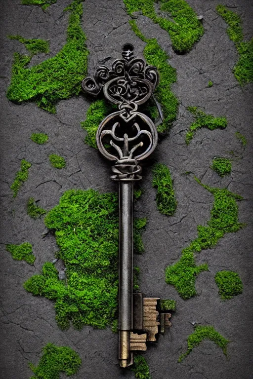 Image similar to mysterious intricate key of death, partially covered by moss and algae, on a perfectly black background, cgsociety