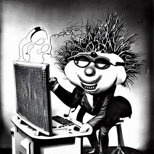 Prompt: a black and white photograph of a man destroying a computer until it sparks, by gary baseman, by robert crumb, by jim henson, photorealistic, surreal, high contrast, film photography