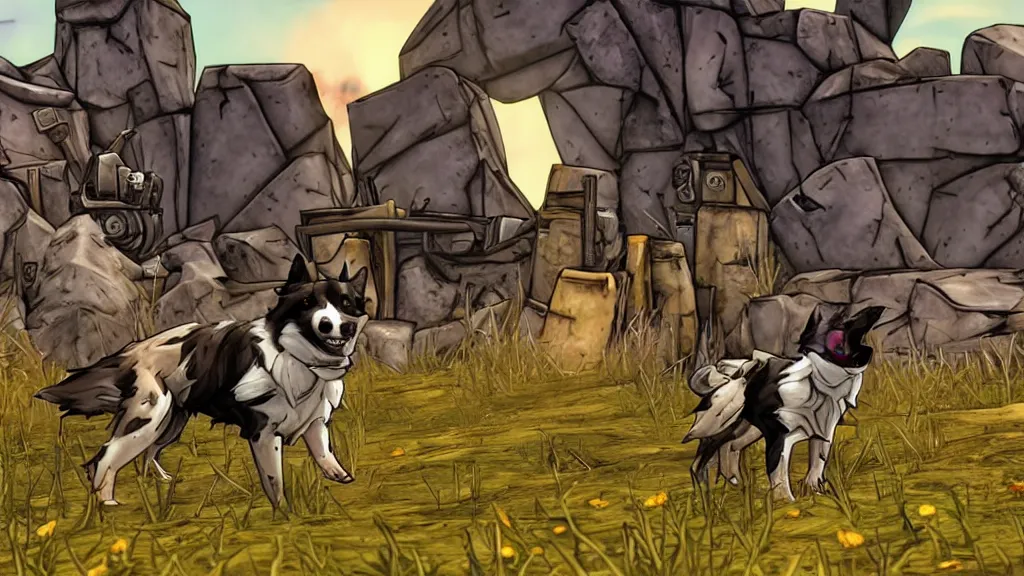 Prompt: border collie dog in the style of borderlands 2. Border collie is in the centre of the frame. Borderlands 2 level background.