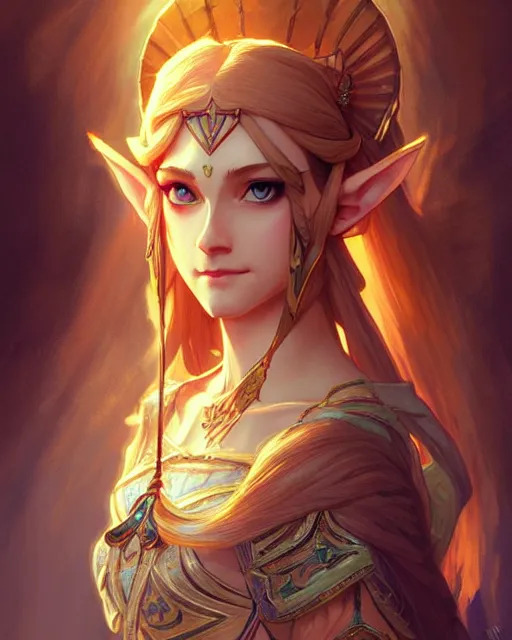 Image similar to zelda with triforce, fantasy, intricate, elegant, highly detailed, digital painting, artstation, concept art, wallpaper, smooth, sharp focus, illustration, art by artgerm and greg rutkowski and alphonse mucha and wlop