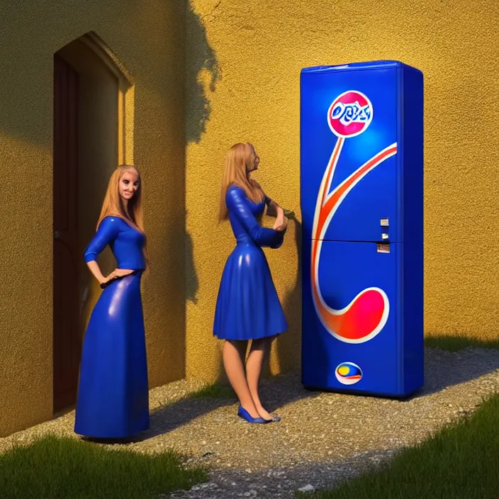 Image similar to pepsi vending machine outside a medieval house in a village. a woman is standing next to the vending machine. perfect faces, extremely high details, realistic, cinematic, octane render, masterpiece, artstation contest winner, art by johannen voss, frank frazetta