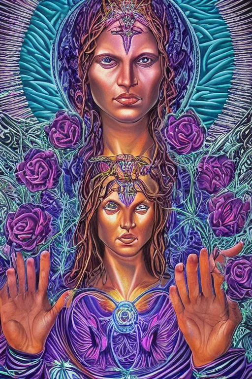 Prompt: goddess of souls holding beautiful flowers in her hands, epic, cinematic, by alex grey