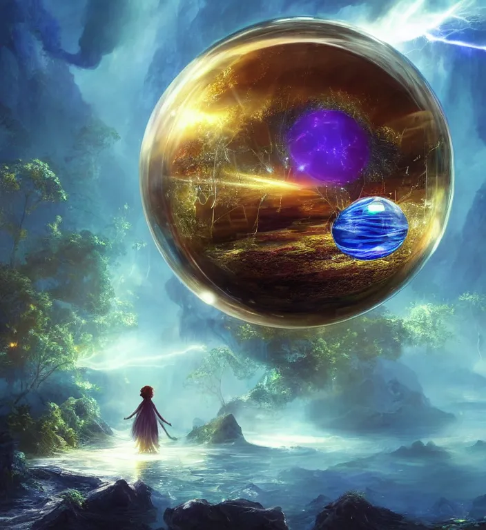 Prompt: a magical and exquisite fantasy illustration of an intricate and faceted crystal ball with a world inside of it + in water + prism + god rays + dramatic lightning + backlit + specular highlights + ambient occlusion + global illumination + bump map + reflective + caustics + refractive + unreal engine 5 + DOF + sharp focus, digital artwork by Peter Mohrbacher and Greg Rutkowski