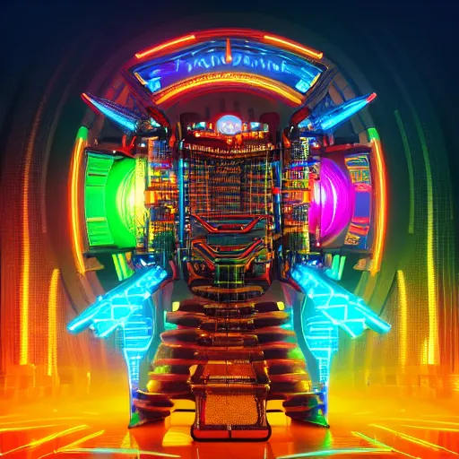 Prompt: album art, the album is called tripmachine,, a huge futuristic steampunk machine made of music instruments, 8 k, fluorescent colors, halluzinogenic, multicolored, blue neon accents, exaggerated detailed, front shot, 3 d render, octane