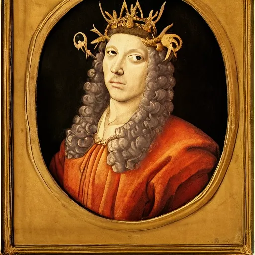 Image similar to renaissance style portrait of a european common cuttlefish wearing a crown and a cape, dark background