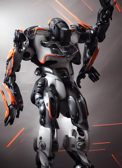 Image similar to a Photorealistic dramatic hyperrealistic full frame render of a Sleek futuristic exosuit Freedom Formula Racing Mech,Ultra realistic details,glossy white metal,Orange racing stripes,weathered surfaces,by Hidetaka Tenjin,Yoh Yoshinori,Yoji Shinkawa,Masamune Shirow,Beautiful dramatic dark moody tones and lighting,cinematic atmosphere,studio lighting,shadows,dark background, Octane render,8K