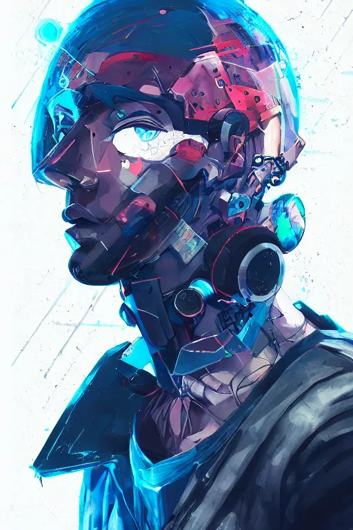 Image similar to abstract portrait, cyberpunk anime hero, floating detailes, very detailed face, dark mood, leaves by miyazaki, colorful palette illustration, kenneth blom, mental alchemy, james jean, pablo amaringo, naudline pierre, contemporary art, hyper detailed