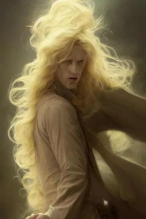 Image similar to the pale blond johan liebert mixed with alucard picture by Greg Rutkowski, very very very very long blond curly hair, baroque curls, dynamic pose, matte painting, intricate, z brush, fantasy concept art, elegant, by Stanley Artgerm Lau, WLOP, golden ratio, thomas kindkade, alphonse mucha, loish, Peter chung, norman Rockwell,