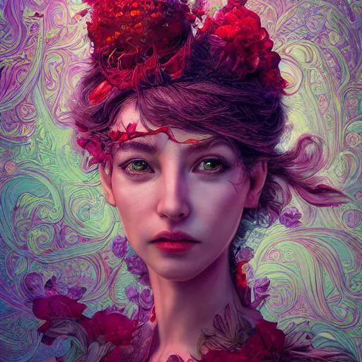 Prompt: the portrait of an absurdly beautiful, graceful, elegant, perky woman made of strawberries and green petals, an ultrafine hyperdetailed illustration by kim jung gi, irakli nadar, intricate linework, bright colors, octopath traveler, final fantasy, angular, unreal engine 5 highly rendered, global illumination, radiant light, detailed and intricate environment