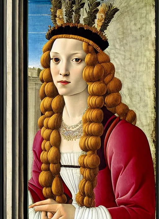 Image similar to portrait of young woman in renaissance dress and renaissance headdress, art by sandro botticelli