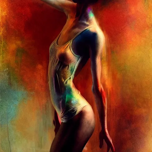 Image similar to ballet dancer by cy Twombly and BASTIEN LECOUFFE DEHARME, colorful, iridescent, volumetric lighting, abstract