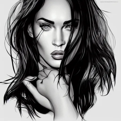 Prompt: megan fox portrait by arunas kacinskas, sketch, pencils, minimalistic, procreate, digital illustration, vector illustration