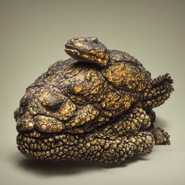 Prompt: hyperrealistic sculpture of a bronze fossilized ancient pinecone snapping turtle dusted with saffron and deep blue and grass green spraypaint and walnuts in a grid cage on a pedestal by ron mueck and duane hanson and lee bontecou, hyperrealistic dramatic colored lighting trending on artstation 8 k