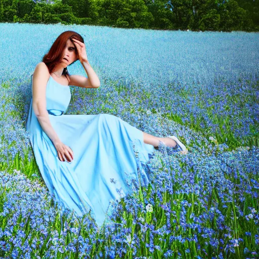 Image similar to A woman with a light blue dress lies on a flower meadow, highly-detailed, dramatic lighting, hyperrealistic, 4k, cinematic landscape