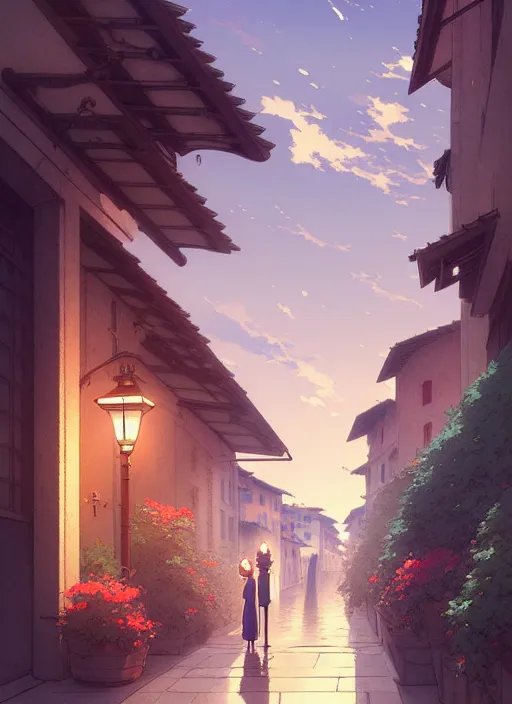 Image similar to florence italy in 1 8 2 0, a nightingale bird sits on a lamp - post at dawn, flowers in window boxes, finely detailed perfect art, gapmoe yandere grimdark, trending on pixiv fanbox, painted by greg rutkowski makoto shinkai takashi takeuchi studio ghibli