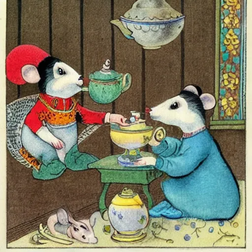 Prompt: russian mouse drinks tea from samovar with her little children, children book illustration