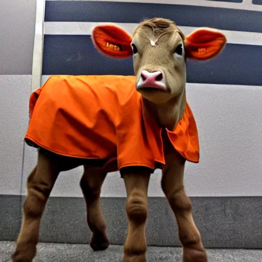Prompt: cute calf dressed as an inmate inside jail
