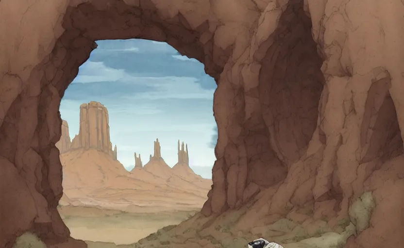 Image similar to a hyperrealist watercolor concept art of a medieval monk in grey robes in monument valley looking through a rock arch through a portal to a catle in an alien world. very muted colors, by rebecca guay, michael kaluta, charles vess. high detail, hq, wide shot, 4 k
