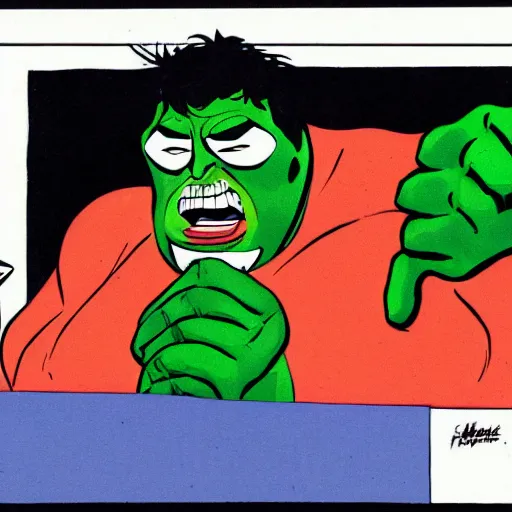 Image similar to fat chuck and the incredible hulk eating lunch. by frank miller