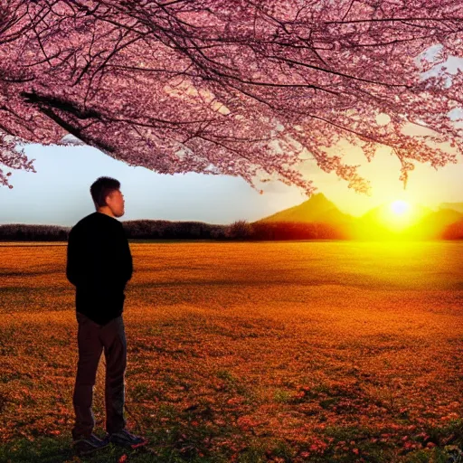 Image similar to man facing the sunset in a beautiful cherry tree forest