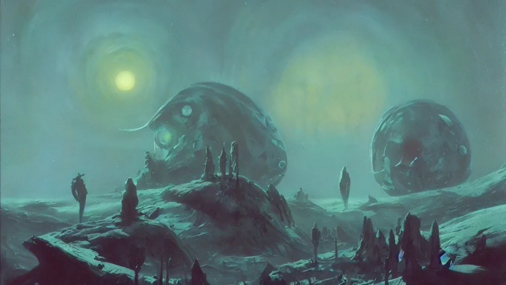 Image similar to eerie atmospheric alien planet by paul lehr and jack gaughan and john schoenherr, epic cinematic matte painting