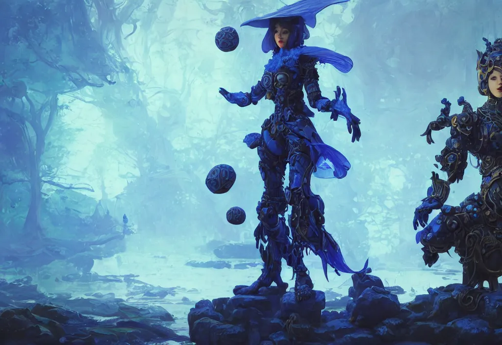 Prompt: wide view picture of a blue mech armor witch, standing on a floating greed cubes with monster companions, model pose, very brightening eyes, huge magic circles on the hand, magic and fantasy, extremely beautiful and aesthetic and detailed cute face, specular reflection, occlusion shadow, intricate, masterpiece, by ilya kuvshinov and jeremy lipking and quentin mabille