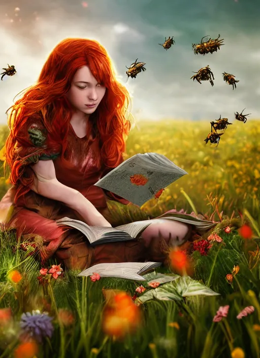 Image similar to An epic fantasy comic book style portrait painting of a young red headed girl reading a book in a field of flowers surrounded by bees, unreal 5, DAZ, hyperrealistic, octane render, cosplay, RPG portrait, dynamic lighting