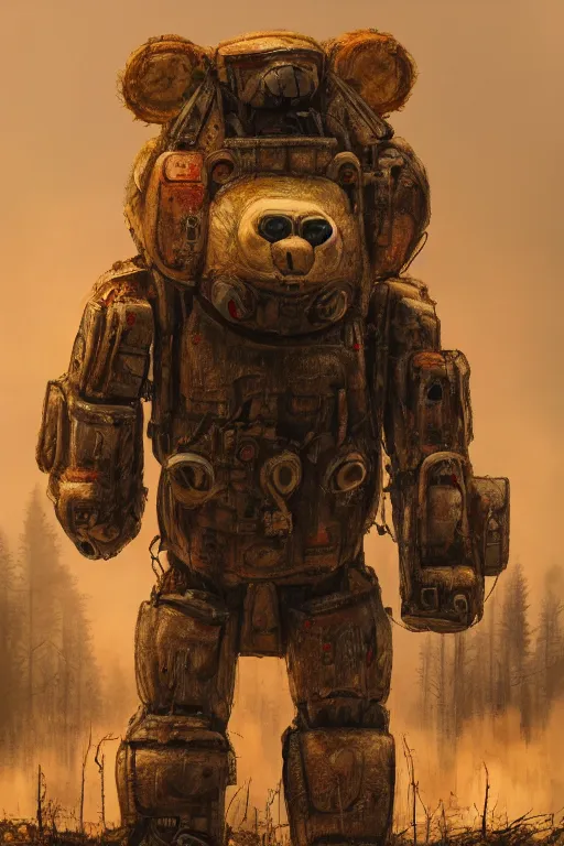 Image similar to giant mech teddybear robot walking through burning forest, dystopian, sci-fi, extremely detailed, digital painting, sculpted in zbrush, artstation, smooth, sharp focus, illustration, chiaroscuro lighting, golden ratio, incredible art, artgerm