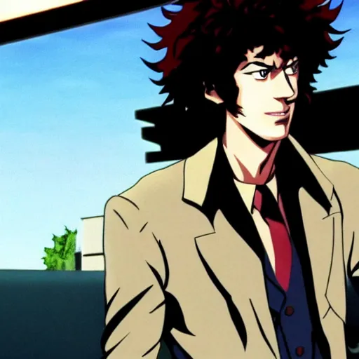 Image similar to A beautiful portrait of Keanu Reeves as Spike Spiegel from the anime Cowboy bebop, still from the movie