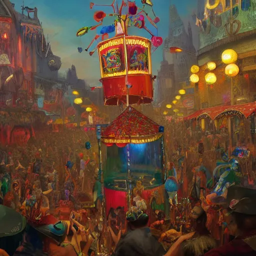 Image similar to A freakshow carnival, hyperrealistic oil painting, super detailed, colorized, 4k, trending on Artstation, D&D, fantasy, raytracing, award winning, art by James C Christensen and Michael Hutter, spectacular lighting, octane rendered