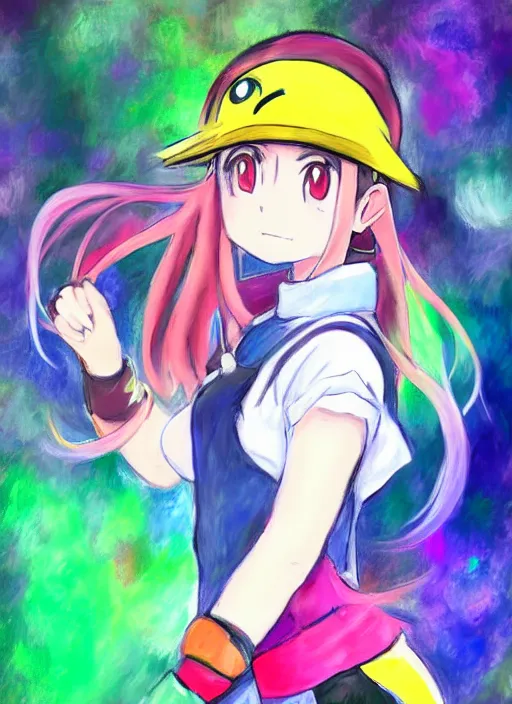 Image similar to a portrait of a female pokemon trainer, rainbow outfit, very anime in impressionist style, anime trending artwork, anime painter studio, by claude monet