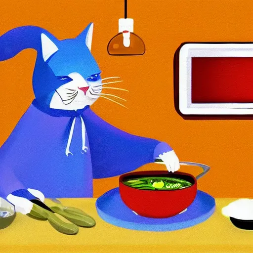 Image similar to anthropomorphic cat chef cooking a delicious colorful soup, digital painting, youtube video thumbnail