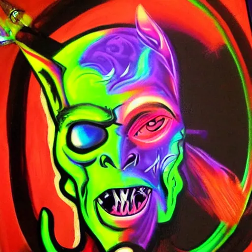 Image similar to psychedelic blacklight airbrush artwork of a stylized orc biker