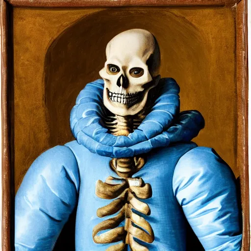 Image similar to smiling skeleton wearing blue puffy jacket, renaissance painting