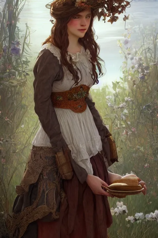 Image similar to beautiful cottagecore young peasant maiden, intricate, elegant, highly detailed, digital painting, artstation, concept art, smooth, sharp focus, illustration, art by artgerm and greg rutkowski and alphonse mucha