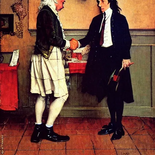 Image similar to norman rockwell painting of 1 7 7 6 ben franklin shaking hands with 3 0 - year - old, virile dracula