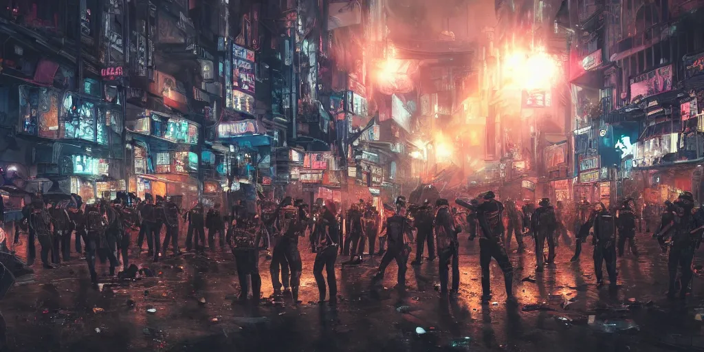 Image similar to very long shot, riot in a cyberpunk city, police use special equipment against the crowd on a square, high detail art, evening, police sirens in smoke, dark environment