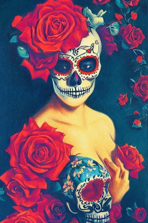 Prompt: Illustration of a sugar skull day of the dead girl, art by Delphin Enjolras