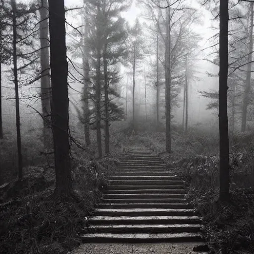 Image similar to creepy stairs in middle of forest, stairs leading to nowhere!, dark foggy misty colors!, dark forest from evil realm