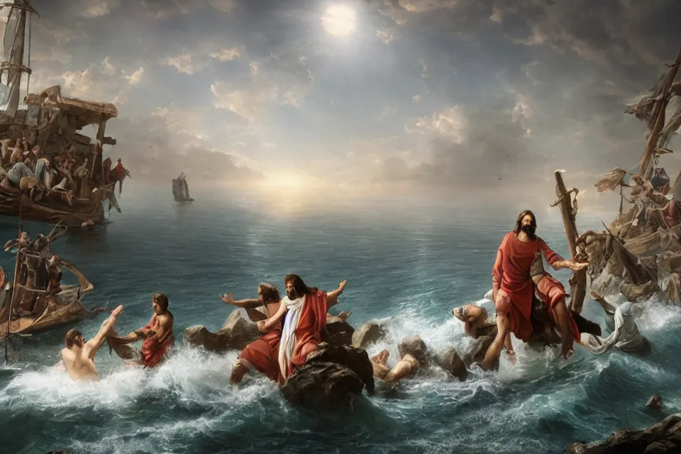 Image similar to An epic matte painting of Jesus saving Petrus in the Water, beautiful, stunning, gorgeous, 4k resolution, professional digital art, f16, intricate