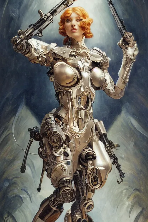 Prompt: organic cyborg holding a weapon, art deco,soft lighting, sci fi fantasy, intricate, elegant, highly detailed, lifelike, photorealistic, digital painting, artstation, illustration, concept art, smooth, sharp focus, art by John Collier and Albert Aublet and Krenz Cushart and Artem Demura and Alphonse Mucha