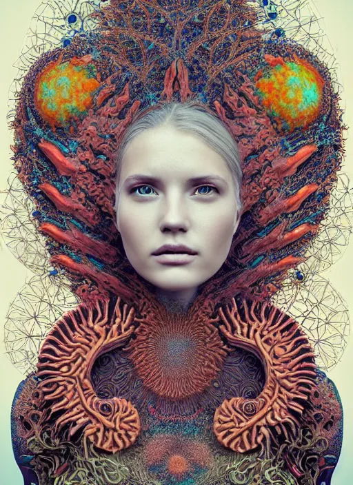 Prompt: ridiculously beautiful young womans face, radiating psychedelics, portals into nature, fountain of coral, birds, symmetrical, in the style of ernst haeckel, effervescent, sacred geometry, warm, surrealism, photo realistic, epic and cinematic,