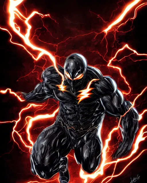 Image similar to venom as the flash, dynamic lighting, fantasy concept art, trending on art station, stunning visuals, creative, cinematic, ultra detailed, comic strip style