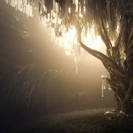 Prompt: crystal tree splash, closeup, extremely gloomy lighting, shining light and shadow, atmospheric, cinematic, unreal Engine, trending artstation hyperdetailed 8K