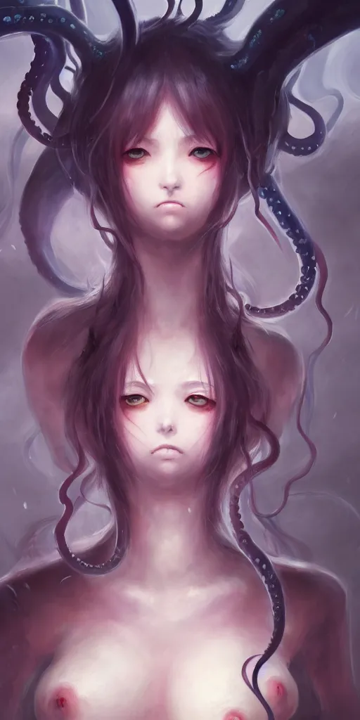 Prompt: an anime girl that is slowly transforming into thick tentacles, matte oil painting, by rembrandt, monstrosity, concept art, d & d, fantasy, fog, sharp focus, eldritch, award - winning, extremely detailed, 4 k, 8 k