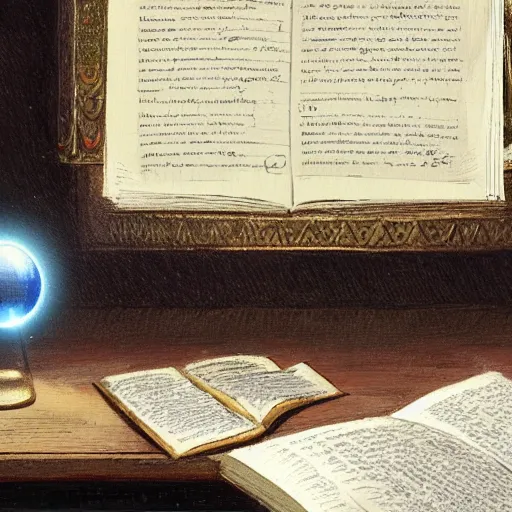 Image similar to a painting by greg rutkowski of a desktop in a dark room at night illuminated with by a small glowing orb. on the desk sits a closed book and a small wooden box with ornate sculptured decoration. also on the desk are, paper airplane, an ancient scroll scroll, pencils, pens, airplane magazine, high angle view, close up on book.